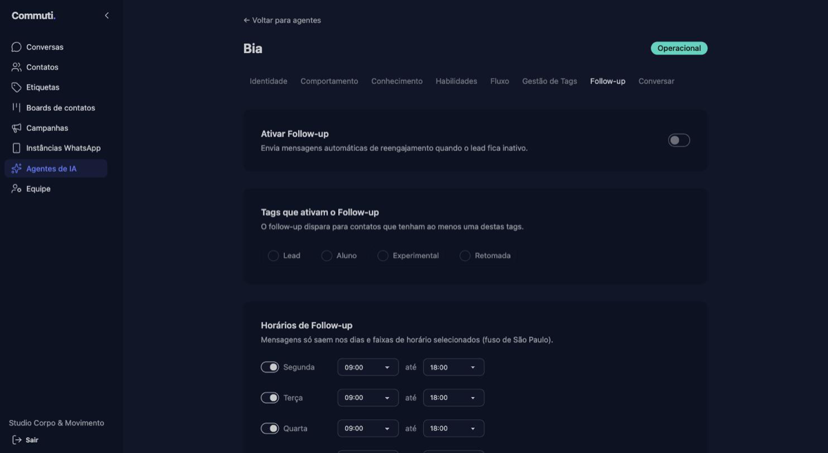 Configuração das etapas de follow-up de um agente